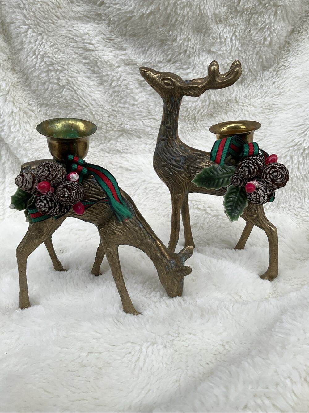 Vintage Brass Deer MCM Buck Stag Doe Candle Holder Pair Patina Removable Trim